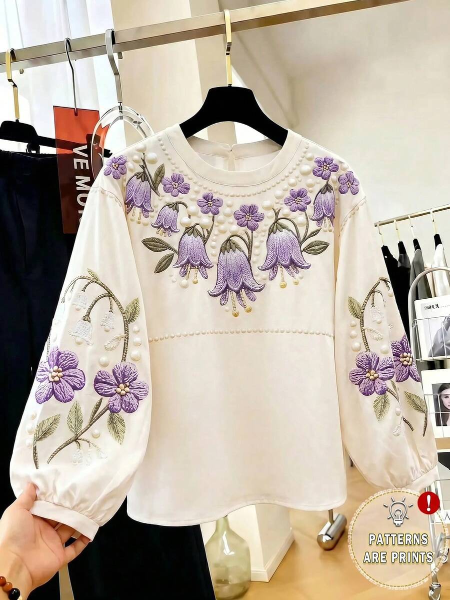 SHEIN Clasi 女款優雅浪漫秋季圓領長袖米白色仿刺繡鈴蘭印花易打理日常派對百搭襯衫 - 白色 - 查看 1