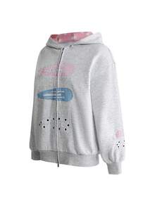 ROMWE Women's Y2K Millennium Sweet Hair Clip Pattern Print Hooded Double Zipper Sweatshirt - Light Grey - View 6