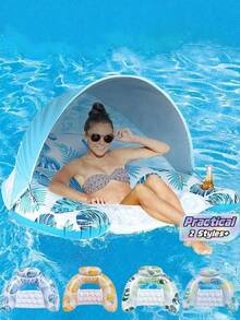 1pc Inflatable Leaf-Shaped Lounger Chair, With Detachable Sunshade Canopy, Fits 1 Adult, Water Bottle Holder, Foldable Floating Water Hammock, Suitable For Beach, Swimming Pool, Outdoor Sunbathing, Swimming, Beach Parties. Air Pump Not Included - multicolor - View 1