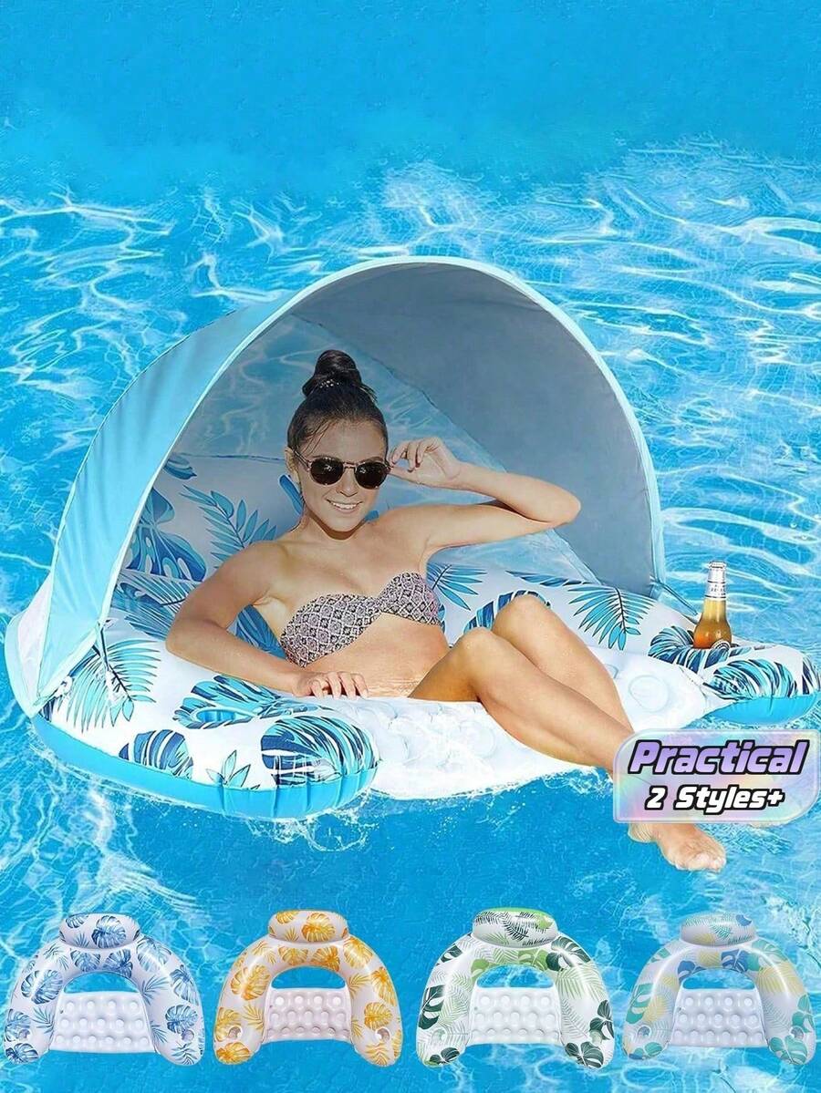 1pc Inflatable Leaf-Shaped Lounger Chair, With Detachable Sunshade Canopy, Fits 1 Adult, Water Bottle Holder, Foldable Floating Water Hammock, Suitable For Beach, Swimming Pool, Outdoor Sunbathing, Swimming, Beach Parties. Air Pump Not Included - multicolor - View 1