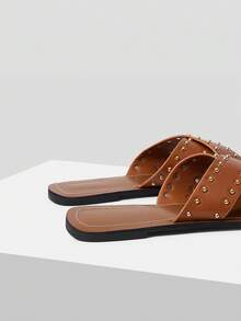 Mnmlis Women's Rivet Inlaid Simple Recreational Vehicle Line Design Flat Bottom Texture Flat Bottom Sandals - Brown - View 3