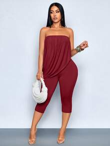 SOLERSUN Mono Capri Ajustado con Hombros Descubiertos, Drapeado y Fruncido para Mujer, Conjunto Casual de Verano 2 en 1 para Salir, Mono Asimétrico con Hombros Descubiertos y Drapeado de Verano Y2K para Mujer, Conjunto de 2 Piezas de Pantalones Capri Ajustados para Club, Fiesta y Vacaciones, Mono de Verano 2025 para Mujer con Hombros Descubiertos, Fruncido, Drapeado y Bajo Asimétrico, Conjunto Casual de Pantalones Capri Ajustados para Salir - Rojo - View 5