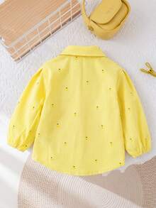 SHEIN Blouse à manches longues jaune décontractée pour jeune fille avec imprimé citron et rayures verticales, chemise élégante et confortable, accessoires jaunes pour fille - Jaune citron - Voir 3