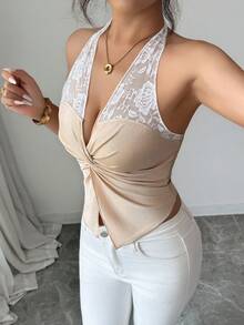 SHEIN Clasi Women's Fashion Halter Neck Tie Strap Open Shoulder Lace Patchwork Twisted Chest Design Elastic Slim Fit Glossy Tank Top, Summer Elegant Sexy White - Champagne - View 8