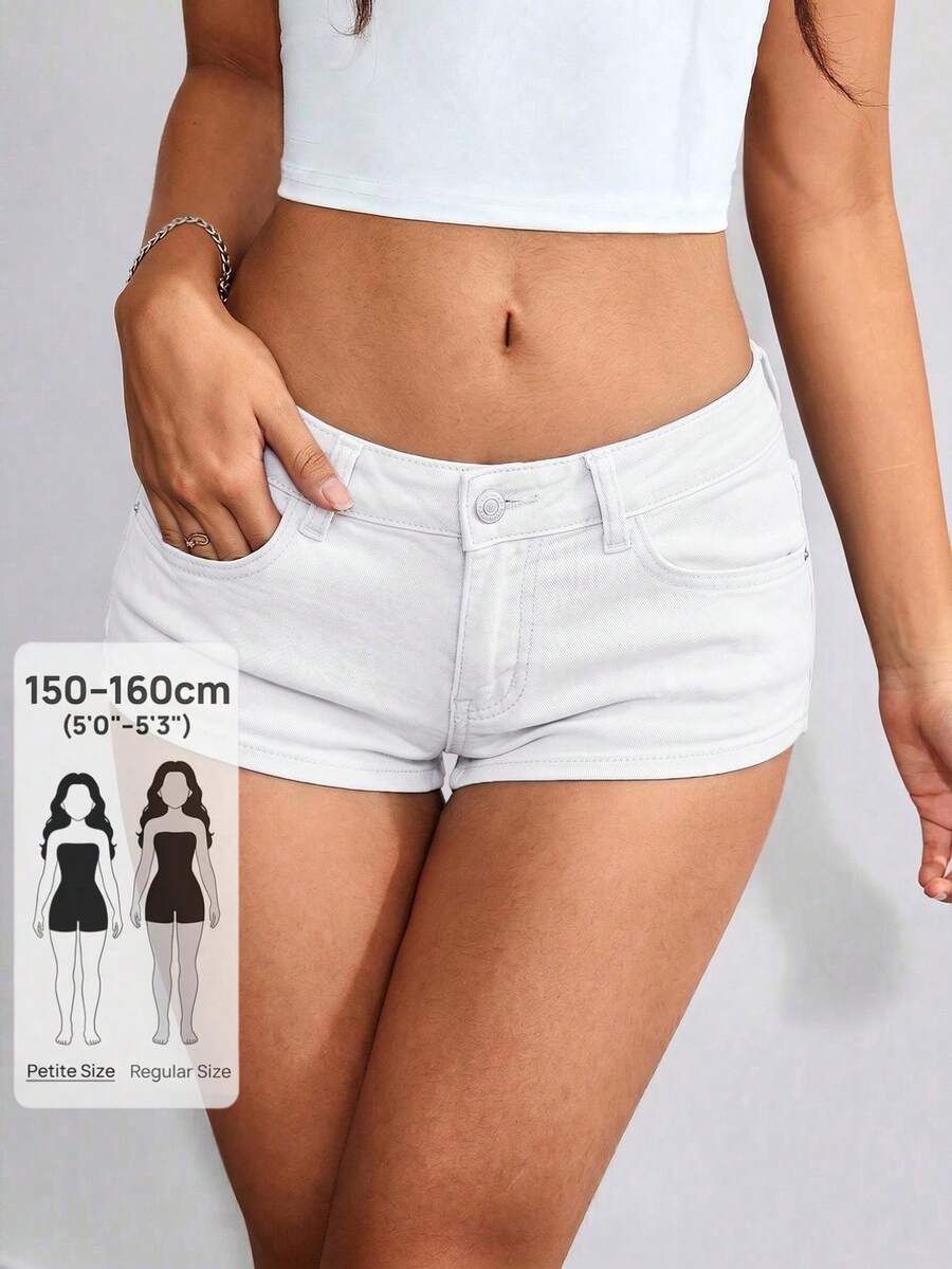 SHEIN PETITE 女款低腰口袋休閒百搭牛仔短褲,適合嬌小女性 - 白色 - 查看 1