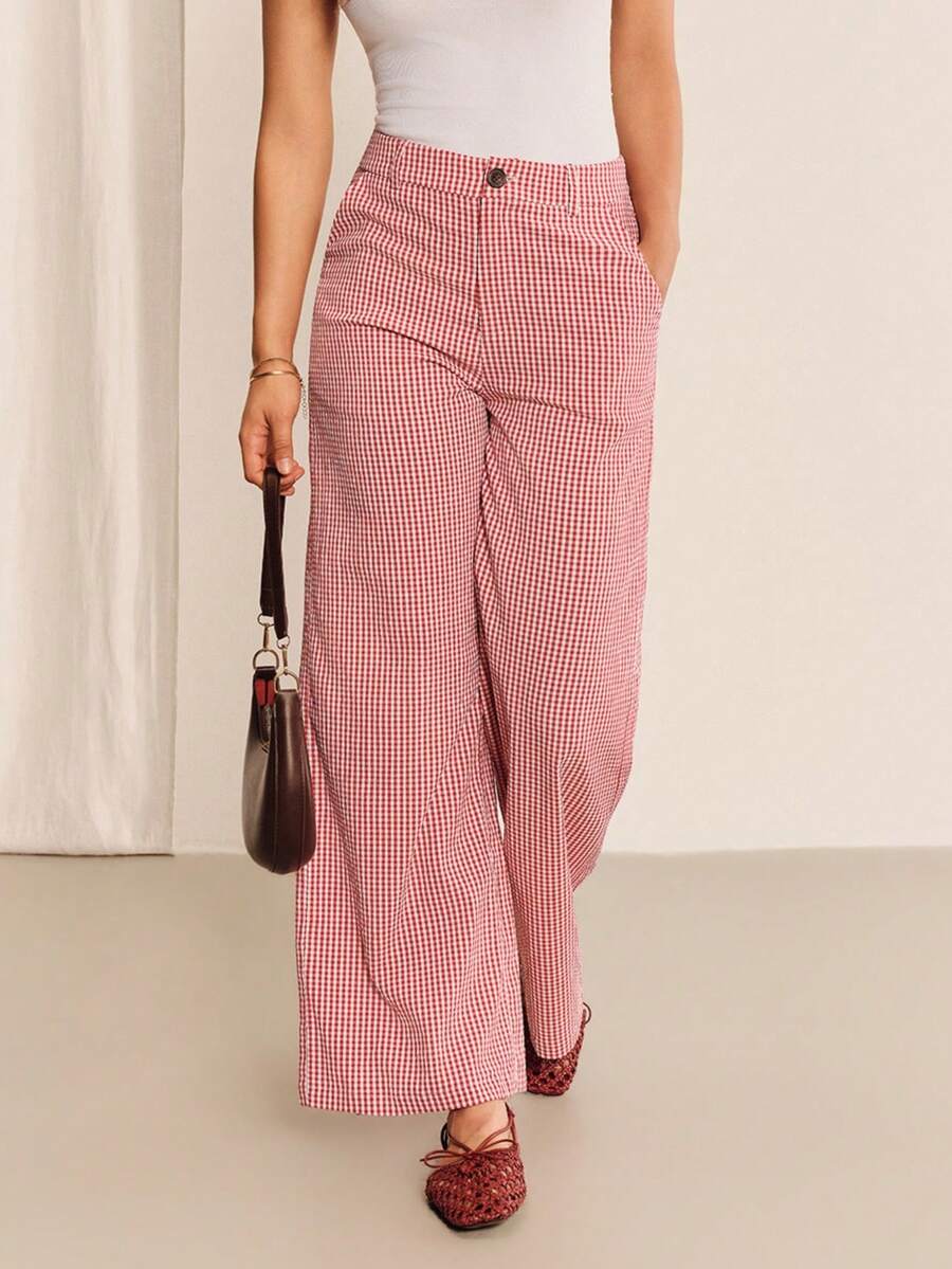 lacRébo Pantalones de pierna ancha de cintura media con estampado de cuadros rojos, ajuste relajado, estilo chic diario de verano - Rojo - Ver 1