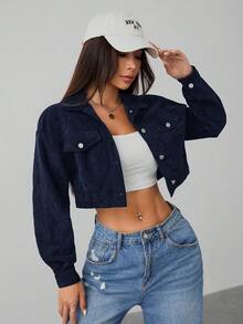 SHEIN PETITE Spring Outfits Drop Shoulder Flap Detail Crop Corduroy Black Jacket In Fall/Winter - Navy Blue - View 7