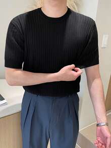 DAZY 男士黑色修身純色通勤針織短袖上衣 - 黑色 - 查看 6
