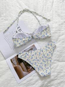 Swim Mod 花卉蕾絲飾邊可愛甜美復古休閒度假海灘海邊女款泳衣套裝 - 彩色 - 查看 6