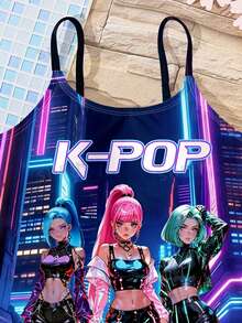 SHEIN Fashionable Anime Girl Print, K-POP Cartoon Girl, Young Girl Casual Minimalist One-Piece Swimwear Suitable For Summer - Multicolor - View 3