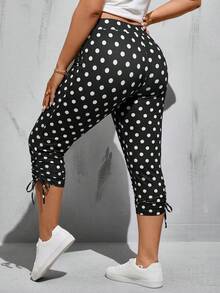 SHEIN Essnce 大尺碼女款春夏時尚休閒彈性舒適日常百搭修身黑色波點七分內搭褲，女款下身修飾曲線褲，外出穿著 - 黑色 - 查看 3