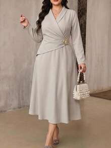 Modelyn Plus Size Elegant Commuter Solid Color Wrap Waist Long Dress Fall - Khaki - View 2