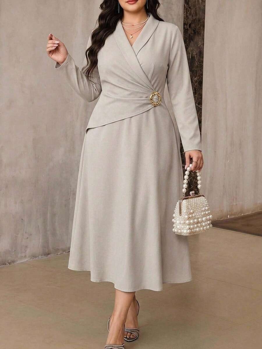 Modelyn Plus Size Elegant Commuter Solid Color Wrap Waist Long Dress Fall