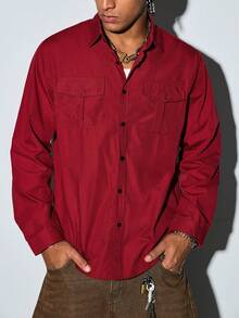 Modcrash Men's Khaki Business Casual Long Sleeve Shirt, Solid Color Versatile Long Sleeve Button-Down Shirt - Burgundy - View 7