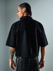 ROMWE MEN Street Life Men's Chinese Collar Denim Shirt - Black - View 8