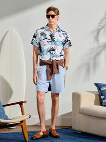 VeloEdit Pantalones cortos casuales de hombre con estampado de rayas y cordón en la cintura, adecuados para vacaciones de verano y uso diario - Multicolor - Ver 2
