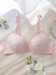 DelicateAllure Bra Wanita Pink dengan Kawat Penyangga, Cup Cetak Nyaman, Model Balconette, Push-Up, Dukungan Tinggi, Tali Silang, Patchwork Renda, Murni & Imut - Berwarna merah muda - View 4