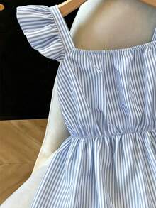 GlowEve Stylish Blue Striped Woven Peplum Blouse For Women With Sweetheart Neckline And Flutter Sleeve,Summer Commuting - Blue and White - View 8