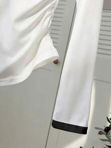 Resyla Black And White Color-Blocked Long-Sleeve Top With A Lapel, Los Angeles Print, Slim-Fit Ruched Polo - White - View 6