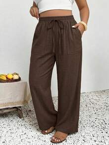 SHEIN Frenchy Casual Minimalist Brown Plus Size Pants Suitable For Summer Fall - Brown - View 7