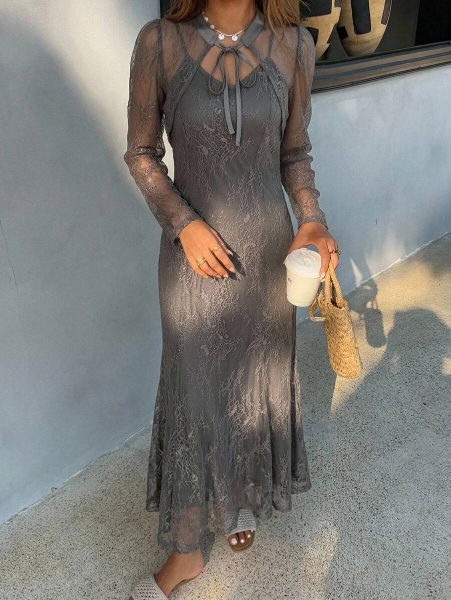 FRIFUL Women's Dark Gray Sheer Lace Fabric Tie Cinched Waist 2 Pieces Set Business Casual Outfit For Holiday Cute Tops - Grey - View 1