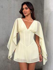 Aloruh Women's Deep V-Neck Cinched Waist Boning Umbrella Hem Mini Dress - Yellow - View 9