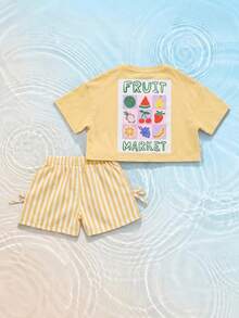 SUMWON Fruit Market Graphic Crop Top And Striped Shorts Co-Ord Set For Summer Casual Everyday Wear - Yellow - View 1