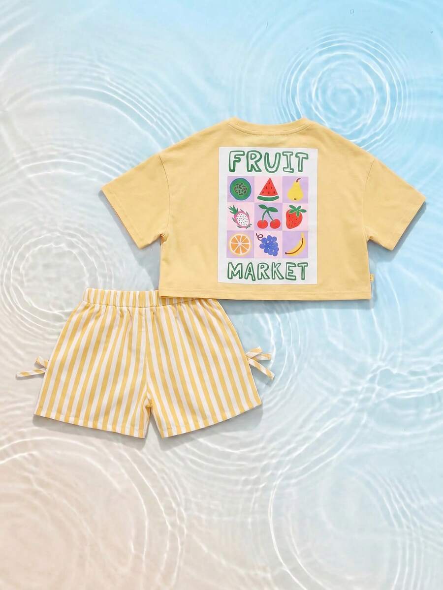SUMWON Fruit Market Graphic Crop Top And Striped Shorts Co-Ord Set For Summer Casual Everyday Wear - Yellow - View 1