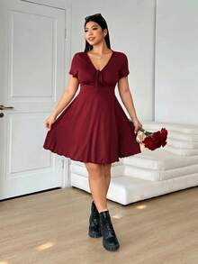 Enliva Plus Size Women's Valentine's Day Red V-Neck Twist Front Midi Dress - Burgundy - View 5