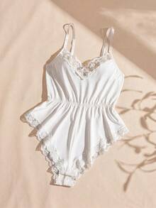 Lullawish White Lace Patchwork Loose Cinched Waist Minimalist Comfortable Casual Women's Jumpsuit - White - View 1