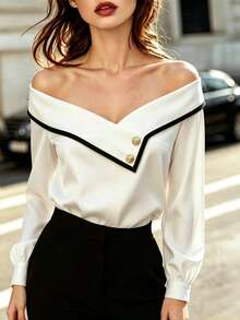 SHEIN Elegant, Versatile Long-Sleeve Shirt For Work Or Leisure: White Off-Theshoulder Design Featuring A Black-And-White Color-Block, Asymmetrical Neckline. - White - View 4