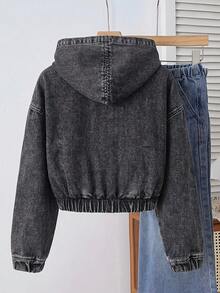 SHEIN 女童黑色丹寧連帽短版長袖夾克 - 黑色 - 查看 4