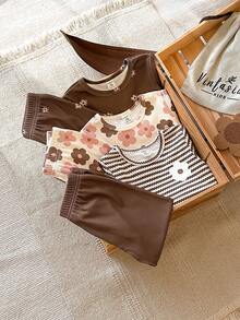 SHEIN Vintaside Kids Babygirl 嬰兒女童多件套裝 春秋款圓領長袖簡約休閒數位印花上衣搭配百搭休閒長褲套裝，適合日常穿著、公園散步、外出、露營、野餐、居家休閒 - 彩色 - 查看 5