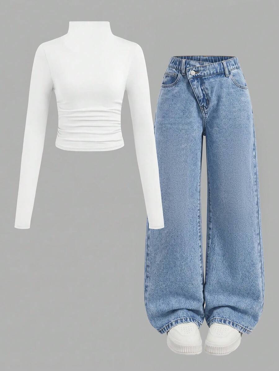 SHEIN Girlism Tween女孩女童藍色牛仔不對稱腰寬鬆長褲 秋冬萬聖節 Y2K 畢業返校穿搭 - 藍色 - 查看 1