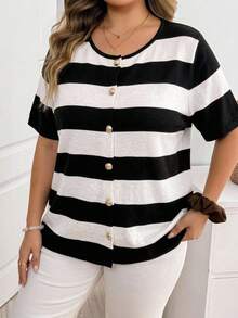 SHEIN CURVE+ Plus Size Women's Fashionable Casual Black And White Striped Knit Top Office Formal Summer - Black and White - View 7