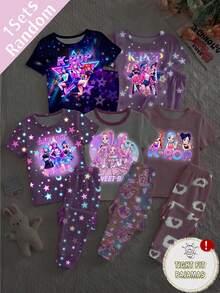 【1套隨機發貨】女童睡衣套裝，新款四季款螢光發光手電筒感應 Pop Girl 組合圖案印花針織修身高彈短袖長褲睡衣套裝 - 粉色 - 查看 4