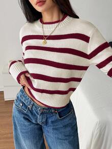 SHEIN PETITE 女款立領黑白條紋長袖極簡毛衣，休閒日常小碼版型，適合秋冬穿著 - 酒紅色 - 查看 7