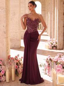Glamrae Women's Strapless Colorblock Pleated Elegant Formal Vow Waist-Cinching Evening Prom Party Dress Wedding Burgundy Summer - Red - View 7