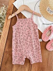 SHEIN LMoss Kids 復古美拉德卡其豹紋波點圖案，Chill Chill，嬰兒與女嬰圖案，女嬰休閒細肩帶連身褲，適合春夏季 - 彩色 - 查看 6