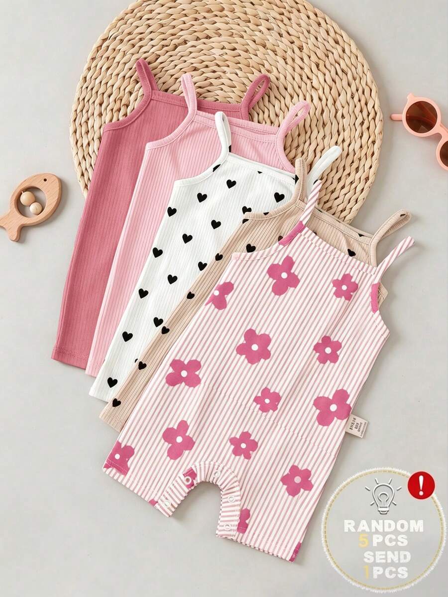 SHEIN LMoss Kids 新生兒花卉印花吊帶連身褲,適合夏季 - 彩色 - 查看 1