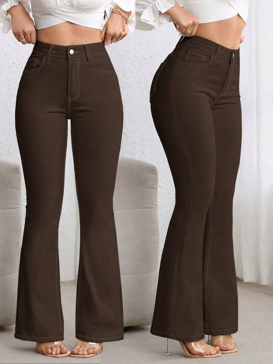 SHEIN ICON 女款高腰口袋休閒百搭喇叭腿牛仔褲 - 咖啡棕 - 查看 1