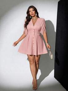 Viva Relle Plus Size Women's Spring/Summer New Arrival Elegant Sophisticated Lightweight Luxury Style Beige Apricot Cape Sleeve Dress, V-Neck Metal Buckle Waist Cinched Slimming Short Skirt. Suitable For Office Commute, Business Dating, Urban Streetwear, Sophisticated Lightweight Luxury Fashion Apparel, Minimalist Fashion Plus Size Women's Clothing. - Pink - View 6