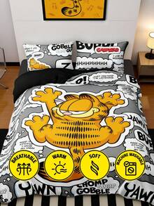 GARFIELD | SHEIN 3 件字母和卡通图案床上用品套装，拉绒面料，柔软温暖，黑色羽绒被套，适合单人/双人/大号/特大号床，适用于卧室装饰 - 灰色 - 查看 6