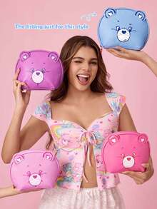SHEIN X Care Bears 卡通熊臉貝殼造型化妝包，可愛3D耳朵化妝收納袋，旅行盥洗用品收納袋，可用於存放化妝品、盥洗用品和小物件，適合日常使用與旅行 - 藍色 - 查看 3