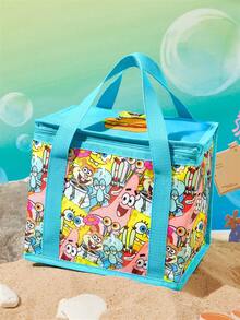 SpongeBob SquarePants | SHEIN 卡通海綿角色主題印花大容量保溫便當袋，藍色飾邊，可攜式保冷手提袋，適用野餐、學校與日常使用 - 藍黃色 - 查看 2