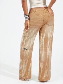 Denimoi Side Ways Denim Jeans Fashionable Streetwear Grunge Statement Washed Everyday Night Out Beige Summer - Khaki - View 6