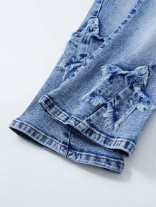 SHEIN Explorewe 女童貼花刺繡口袋牛仔喇叭褲 - 深色水洗藍 - 查看 6