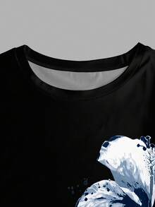 SHEIN LUNE Plus Size Solid Black Blue Hibiscus Floral Side Print Crew Neck Short Sleeve Casual Basic T Shirt Women Summer - Multicolor - View 4