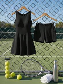 Cheerettes Women's Solid Black Minimalist Pleated Athleisure Sports Dress And Shorts Set, All Season Athletic Modest Style For Gym Tennis Workout & Going Out - Black - View 7