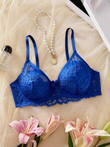 Crystal Vow Lace Patchwork Solid Color Underwire Push-Up Semi-Sheer Unlined Women's Bra - Royal Blue - View 3